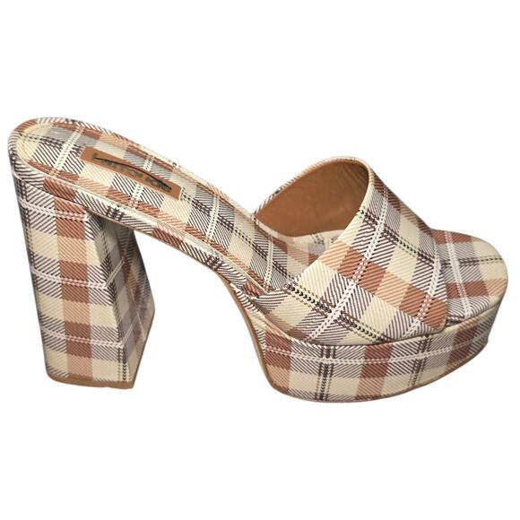Larroude Dolly Mule Caramel Plaid Patent Leather Platform Heels Size 8.5 - Picture 1 of 9
